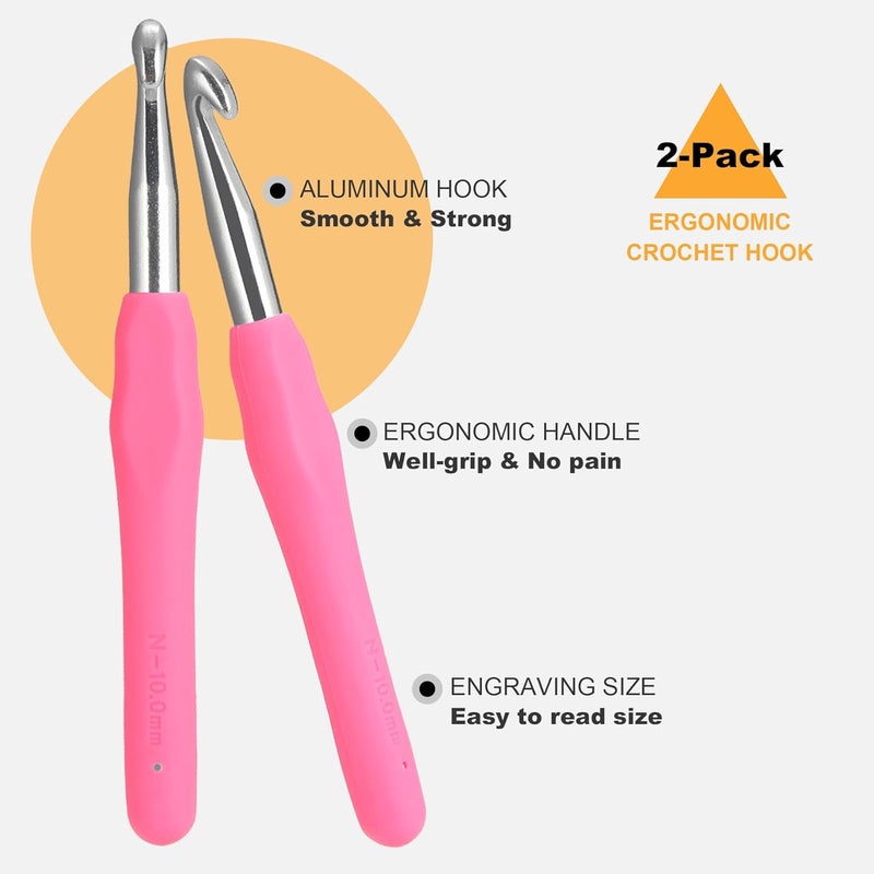 YOJOB 2Pcs 10mm Large Crochet Hooks, Ergonomic Crochet Hook for Arthritis and Beginners, Extra Long, Smooth, Comfortable (Size N / 10.0mm) - Image 2